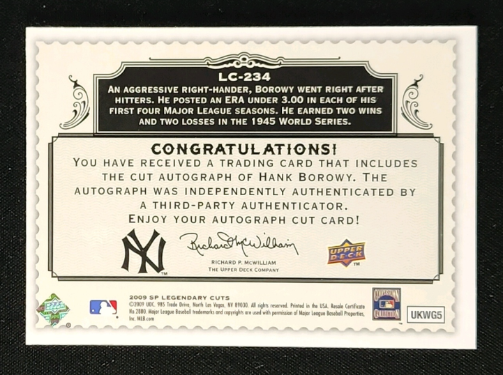 2009 SP Legendary Cuts Legendary Cut Hank Borowy AUTO /33 #LC-234 MBA AUTH