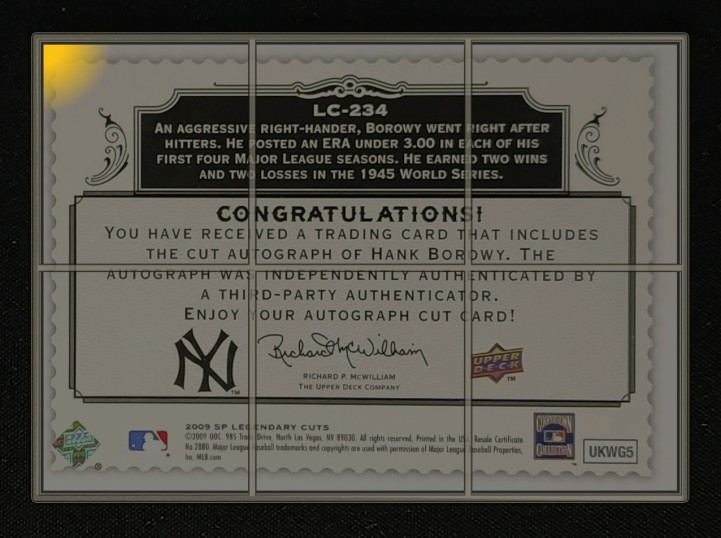 2009 SP Legendary Cuts Legendary Cut Hank Borowy AUTO /33 #LC-234 MBA AUTH