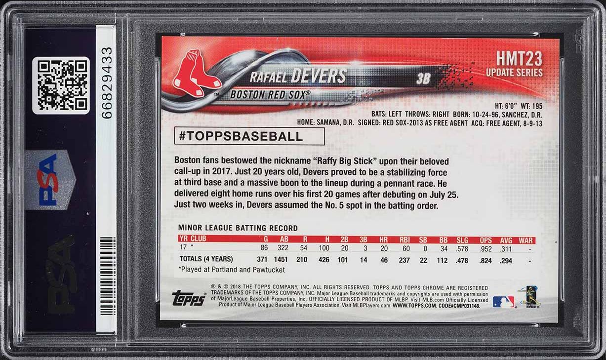2018 Topps Chrome Update Pink Refractor Rafael Devers ROOKIE #HMT23 PSA 9 MINT