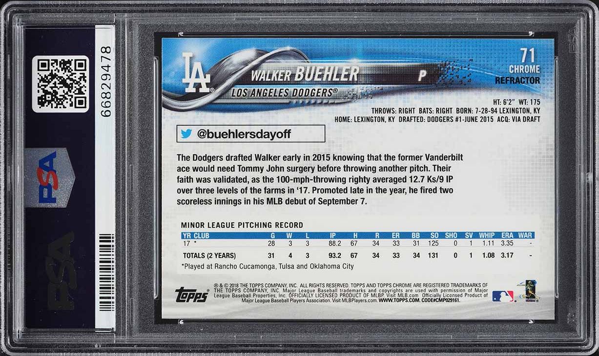 2018 Topps Chrome Refractor Walker Buehler ROOKIE #71 PSA 9 MINT