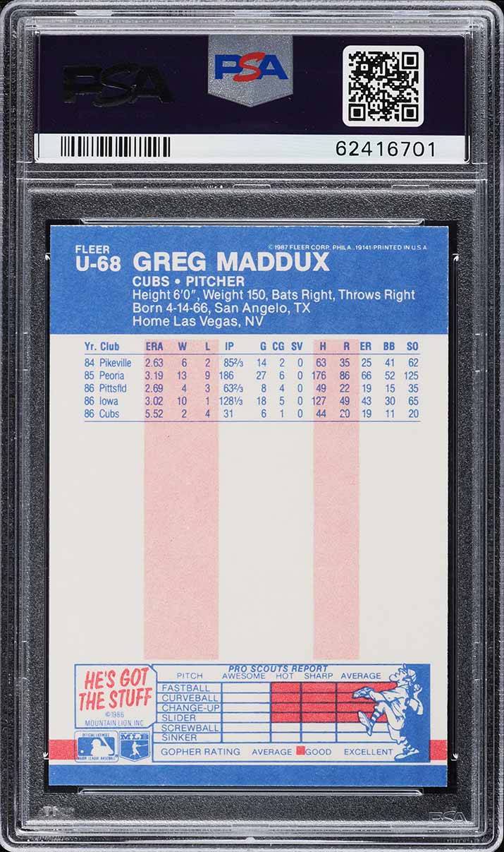 1987 Fleer Update Greg Maddux ROOKIE #U-68 PSA 8 NM-MT