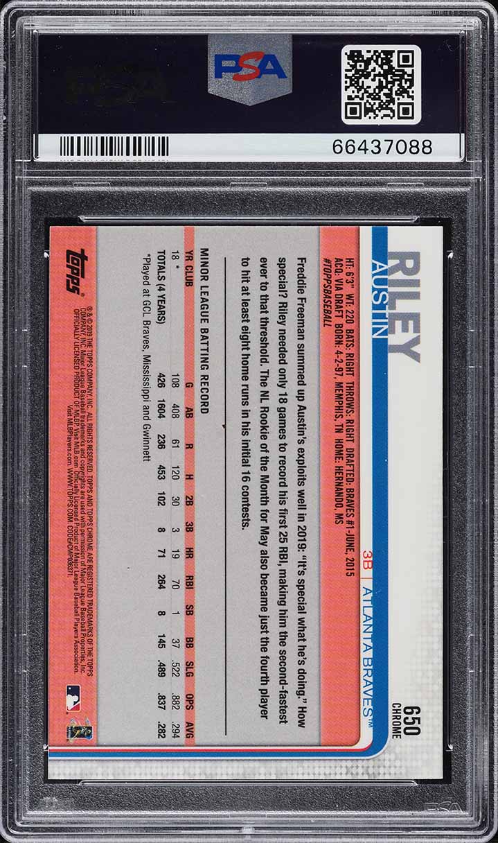 2019 Topps Chrome Sapphire Edition Austin Riley ROOKIE #650 PSA 10 GEM MINT