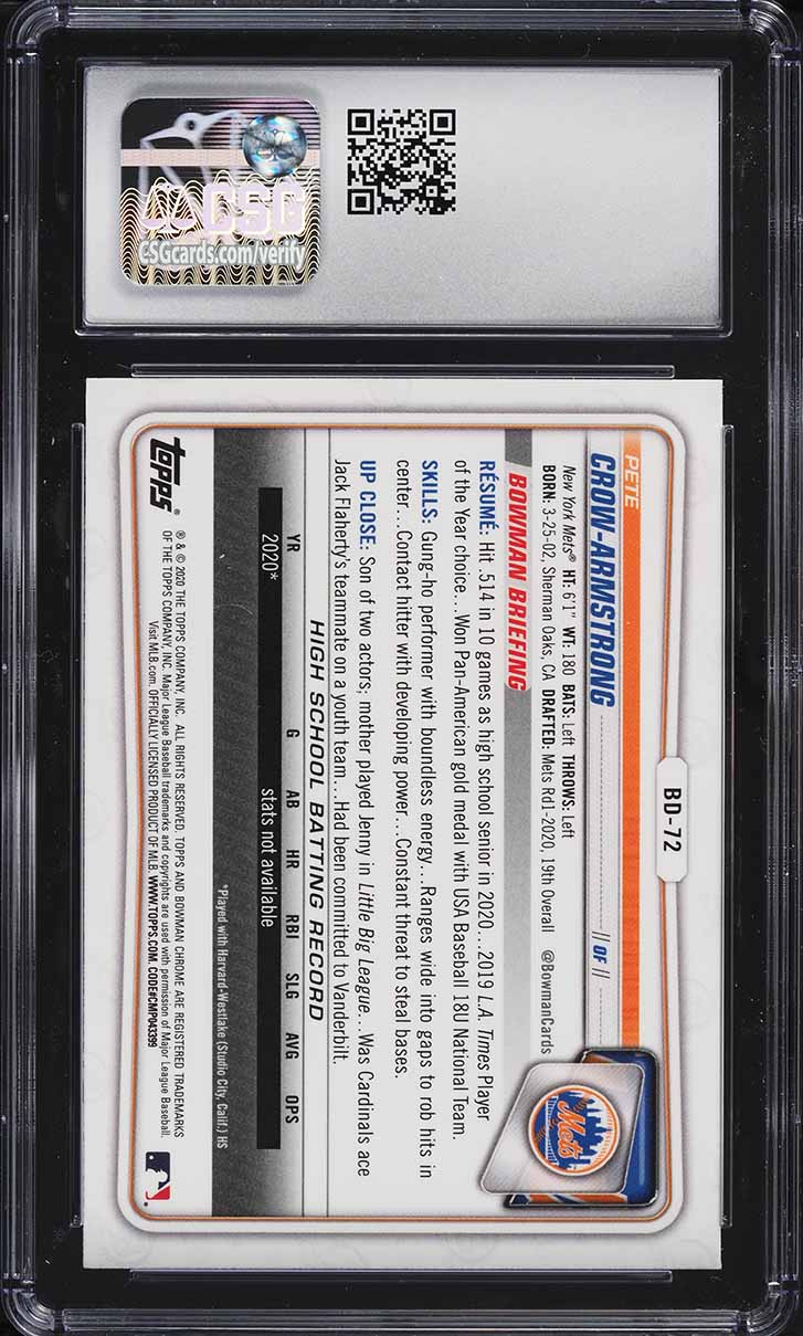 2020 Bowman Chrome Draft Sapphire Pete Crow-Armstrong ROOKIE #BD-72 CSG 10 GEM