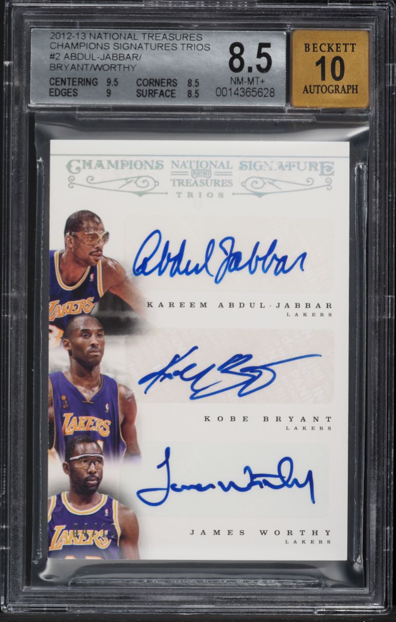 2012 National Treasures Kareem Abdul-Jabbar Kobe Bryant Worthy AUTO /10 BGS 8.5