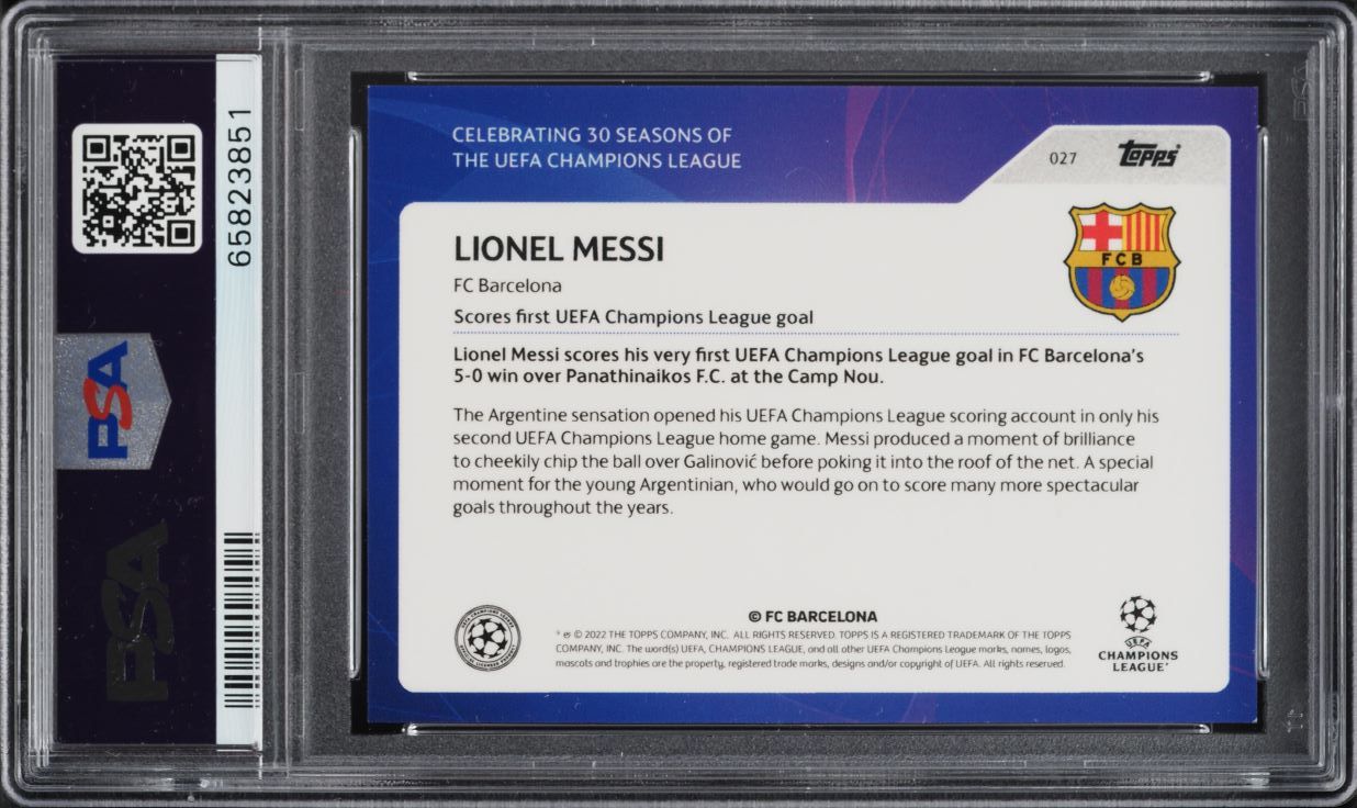 2022 Topps UEFA 30 Seasons Celebration Rainbow Foil Lionel Messi /99 #27 PSA 9