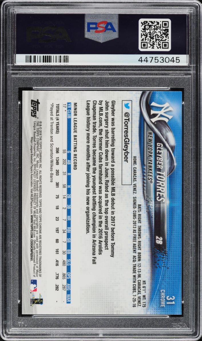 2018 Topps Chrome Prism Refractor Gleyber Torres ROOKIE #31 PSA 10 GEM MINT