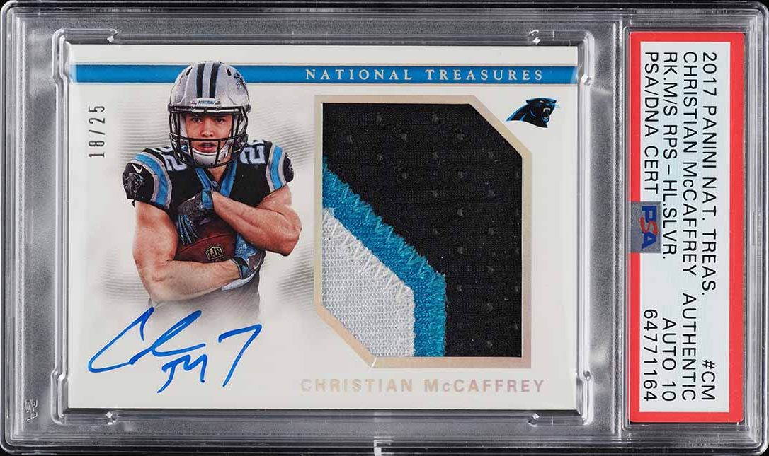 2017 National Treasures Christian McCaffrey RC PATCH AUTO DNA 10 /25 PSA AUTH