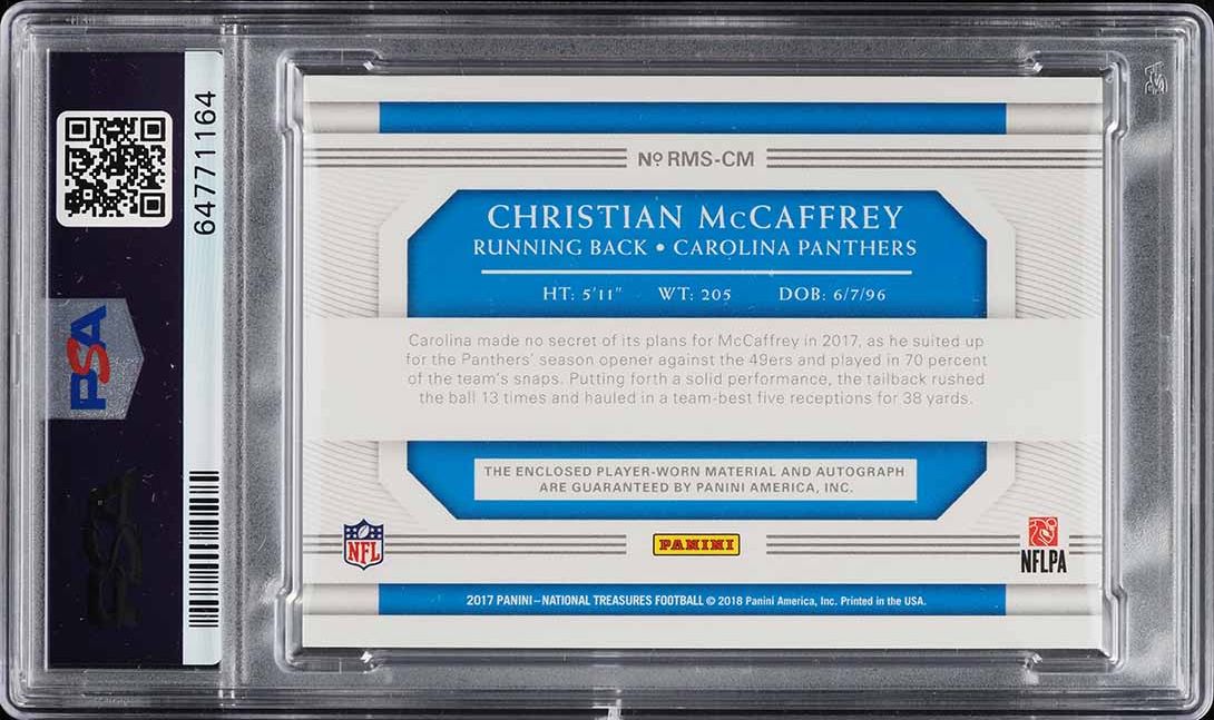 2017 National Treasures Christian McCaffrey RC PATCH AUTO DNA 10 /25 PSA AUTH