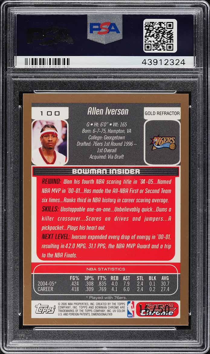 2005 Bowman Chrome Gold Refractor Allen Iverson /50 #100 PSA 10