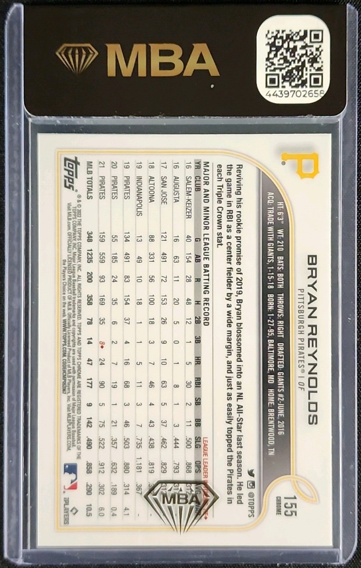 2022 Topps Chrome Prism Refractor Bryan Reynolds ROOKIE #155 MBA AUTH