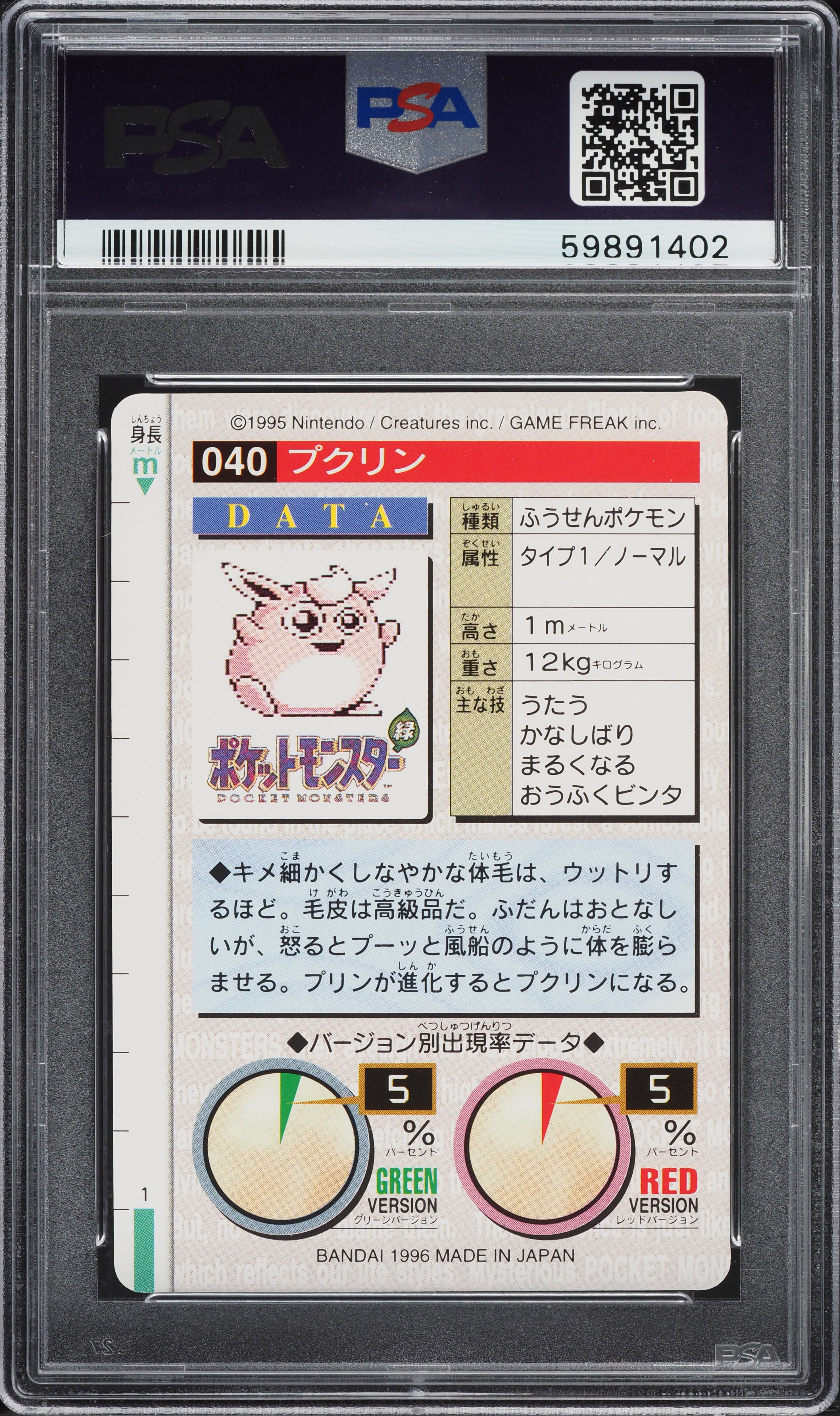 1996 Pokemon Japanese Bandai Carddass Vending Wigglytuff #40 PSA 9