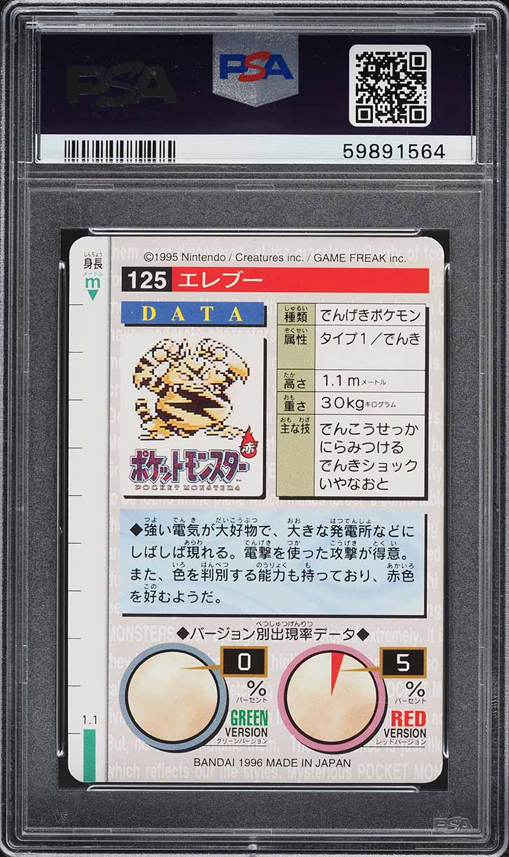 1996 Pokemon Japanese Bandai Carddass Vending Electabuzz #125 PSA 9 MINT