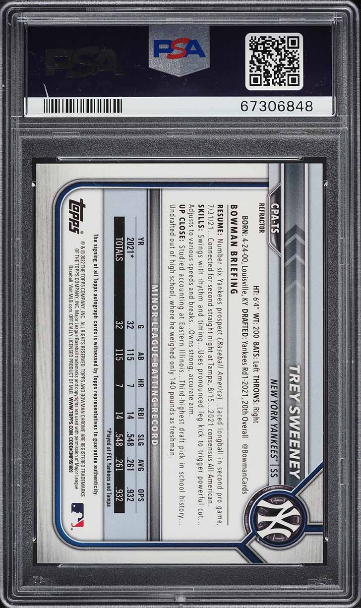 2022 Bowman Chrome Refractor Trey Sweeney ROOKIE AUTO /499 #CPA-TS PSA 9 MINT