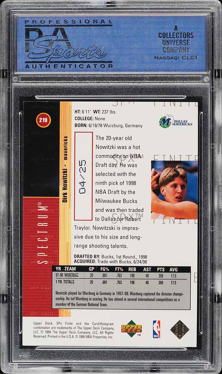 1998 SPx Finite Spectrum Dirk Nowitzki ROOKIE /25 #219 PSA 10 GEM MINT