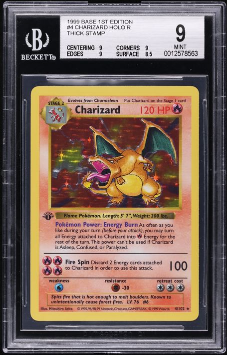 1999 Pokemon Base Set Shadowless 1st Edition Thick Stamp Holo Charizard #4  BGS 9 on Fanatics Collect
