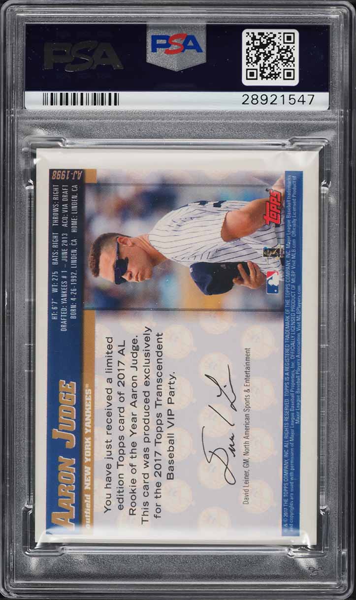2017 Topps Transcendent Collection History Aaron Judge ROOKIE /87 #AJ-1998 PSA 9