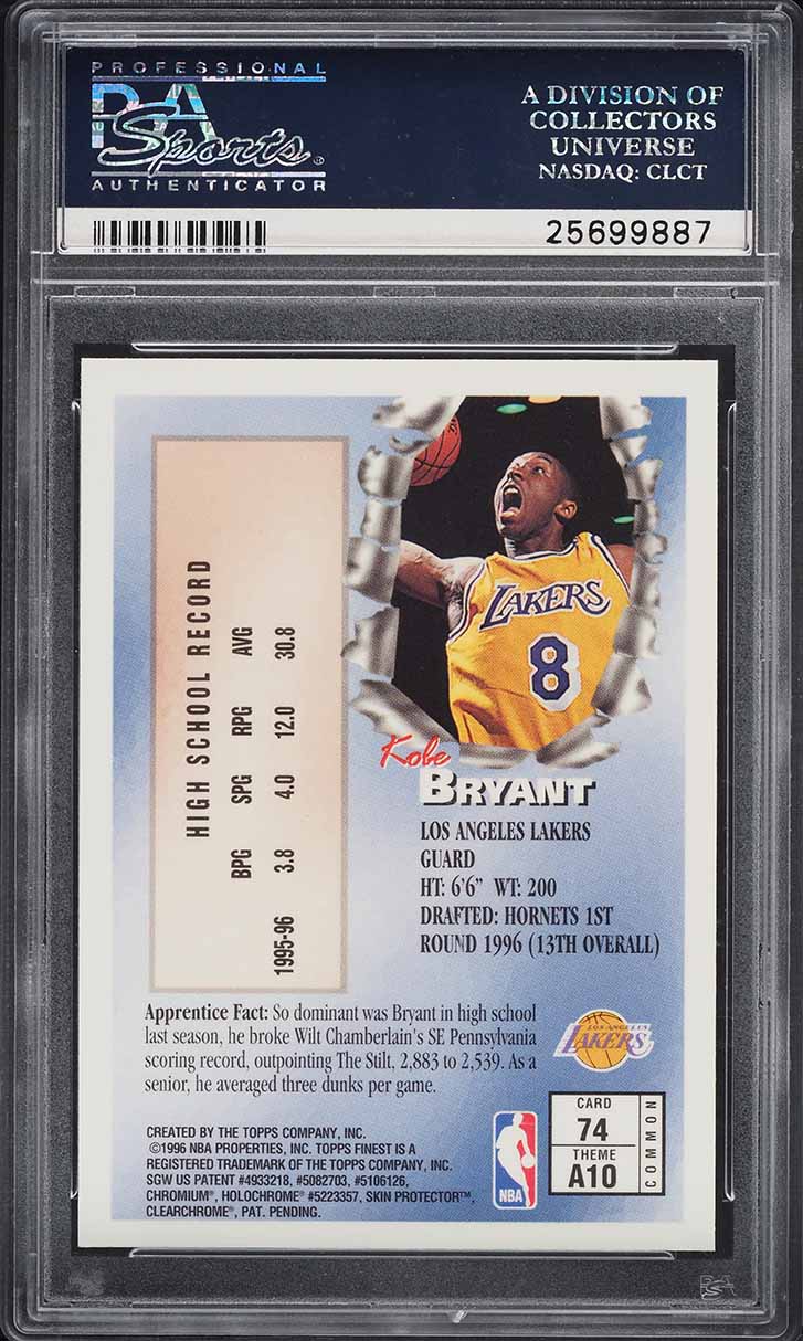 1996 Finest Basketball w/ Coating Kobe Bryant ROOKIE #74 PSA 10 GEM MINT