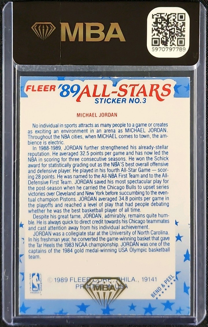 1989 Fleer Sticker Michael Jordan #3 MBA AUTH