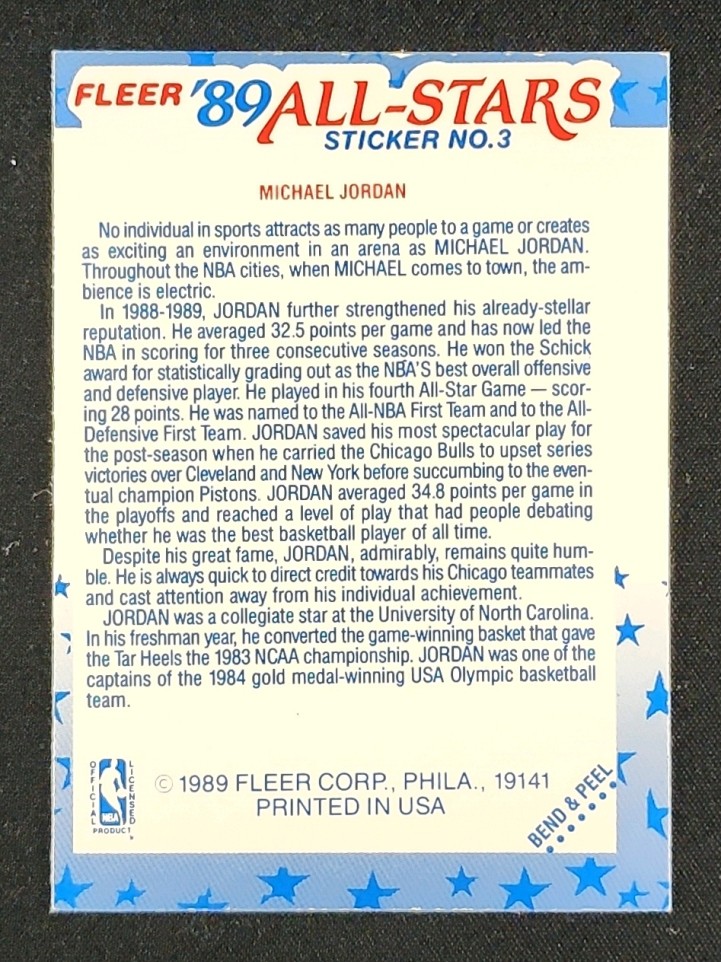 1989 Fleer Sticker Michael Jordan #3 MBA AUTH