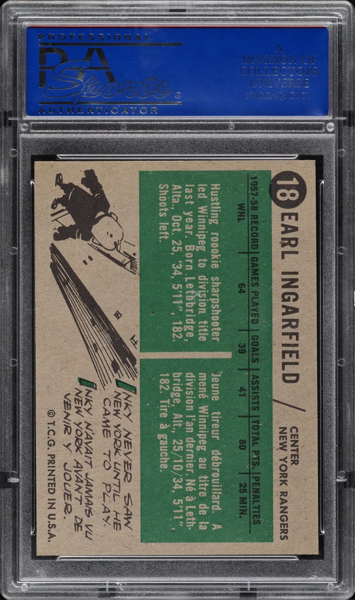 1958 Topps Hockey Earl Ingarfield #18 PSA 8 NM-MT