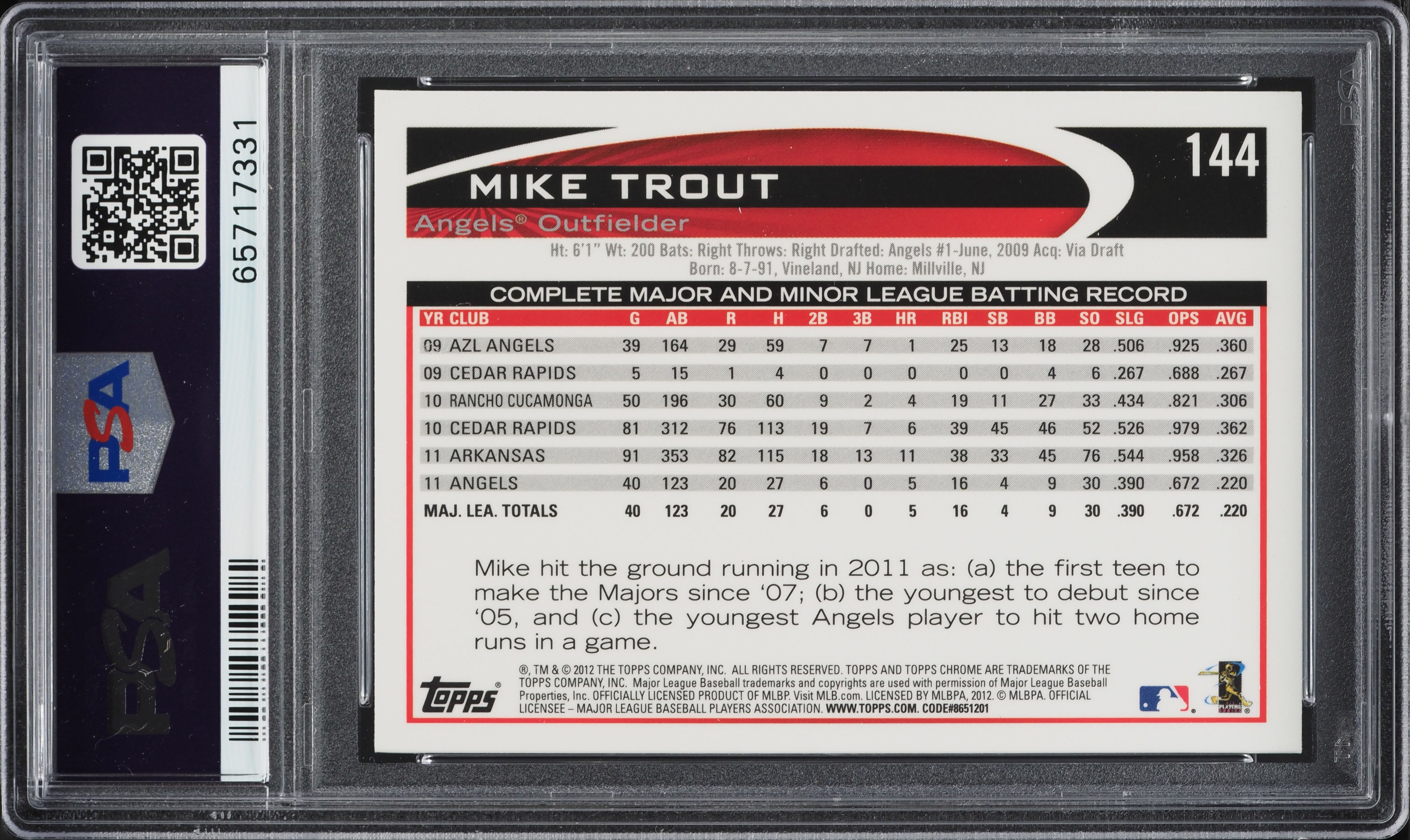 2012 Topps Chrome Mike Trout ROOKIE #144 PSA 9 MINT on Fanatics