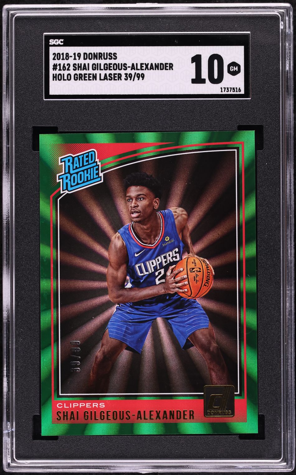 2018 Donruss Holo Green Laser Shai Gilgeous-Alexander ROOKIE /99 #162 SGC 10 GEM