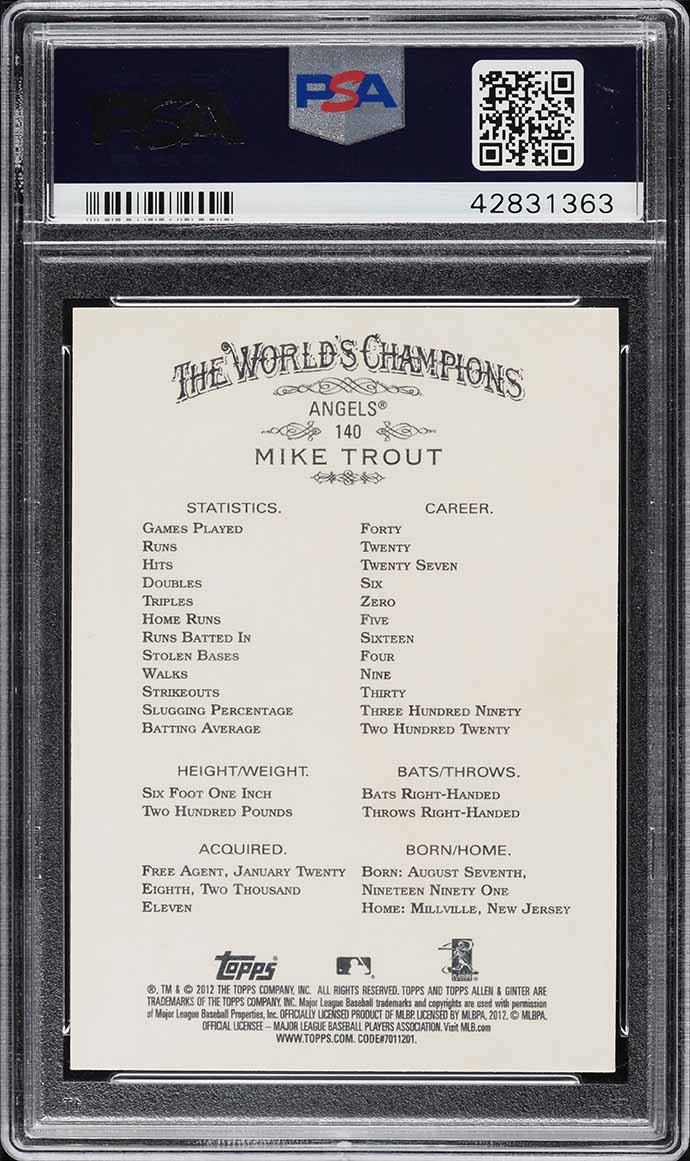 2012 Topps Allen & Ginter Mike Trout ROOKIE #140 PSA 10 GEM MINT
