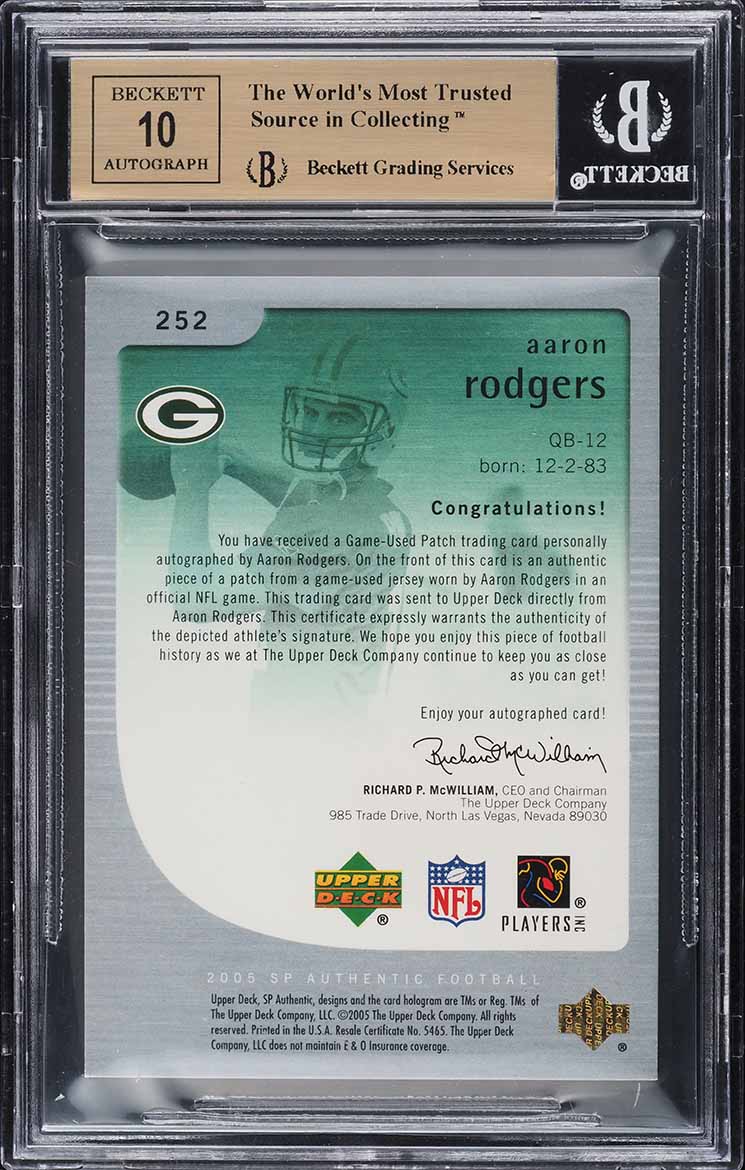 2005 SP Authentic Aaron Rodgers ROOKIE PATCH AUTO /99 #252 BGS 9.5 GEM MINT