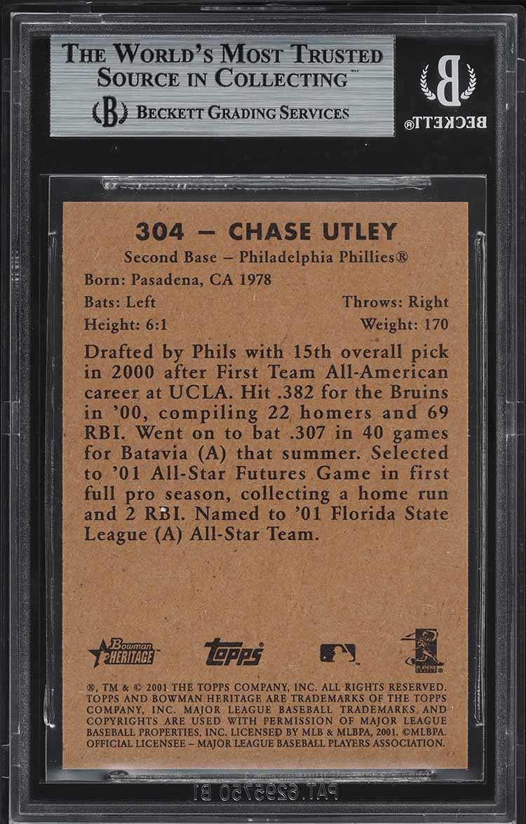 2001 Bowman Heritage Chase Utley ROOKIE #304 BGS 9 MINT