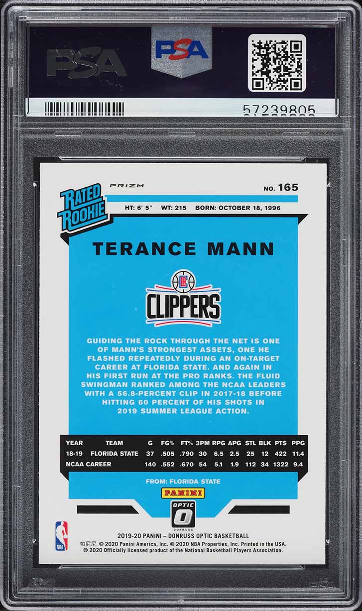 2019 Donruss Optic Holo Terance Mann ROOKIE #165 PSA 9 MINT