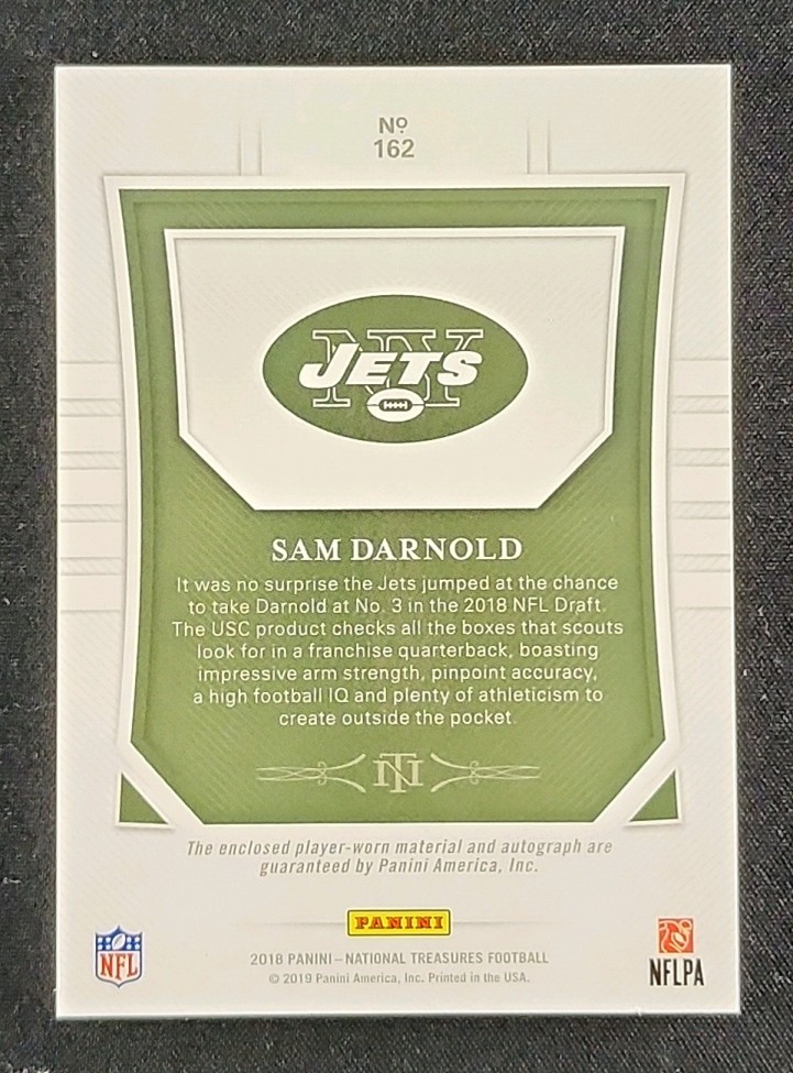2018 National Treasures Black Sam Darnold ROOKIE PATCH AUTO /5 #162 MBA AUTH