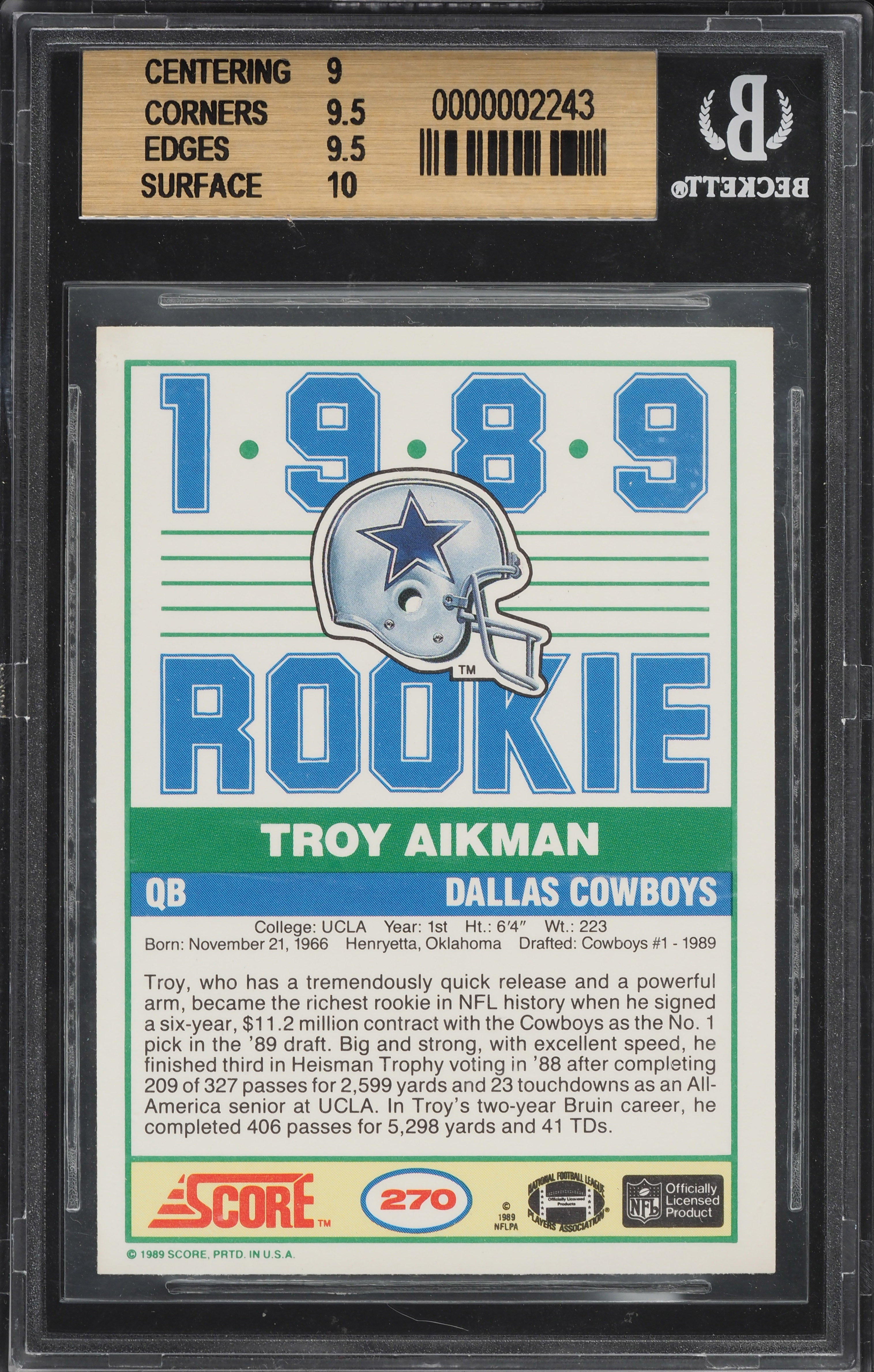 その他 TROY AIKMAN ROOKIE bgs9.5 1989 Score Football Troy Aikman ROOKIE #270 BGS 9.5 GEM MINT on