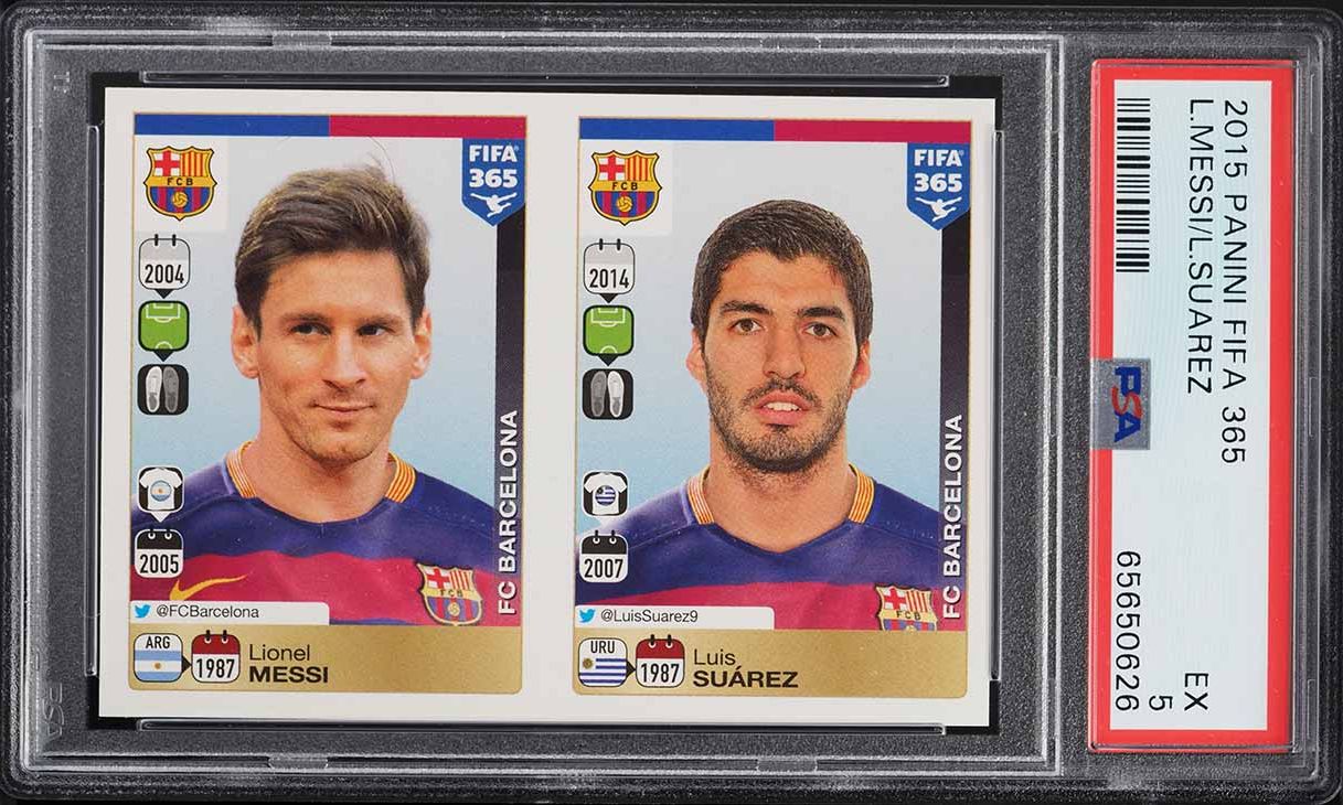 2015 Panini FIFA 365 Lionel Messi & Luis Suarez PSA 8 NM-MT on