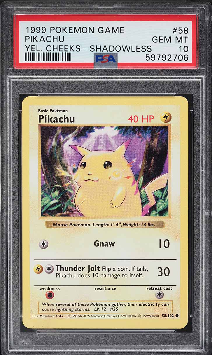 1999 Pokemon Base Set Shadowless Yellow Cheeks Pikachu #58 PSA 10 GEM MINT
