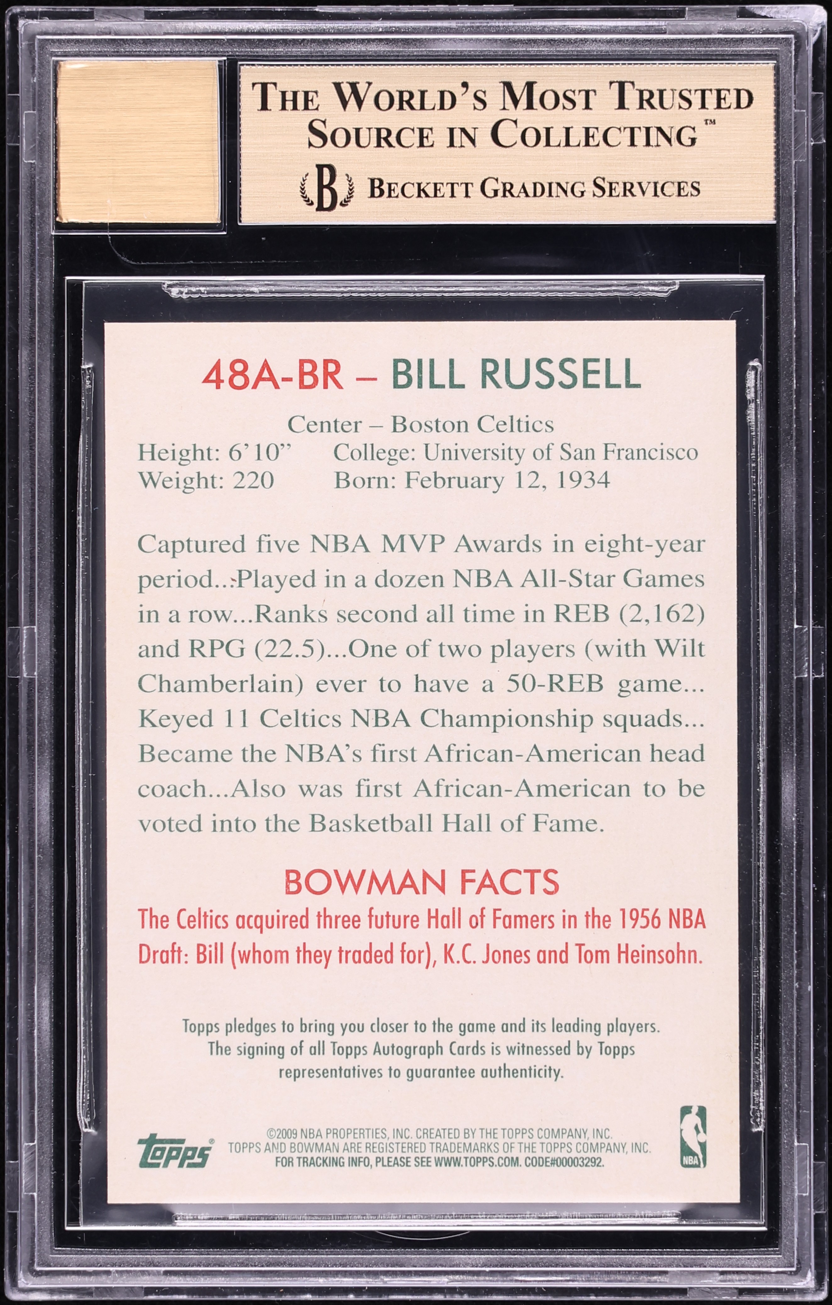 2009 Bowman 48 Bill Russell AUTO #48A-BR BGS 9.5 GEM MINT on