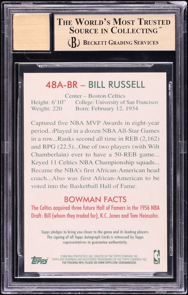 2009 Bowman 48 Bill Russell AUTO #48A-BR BGS 9.5 GEM MINT on