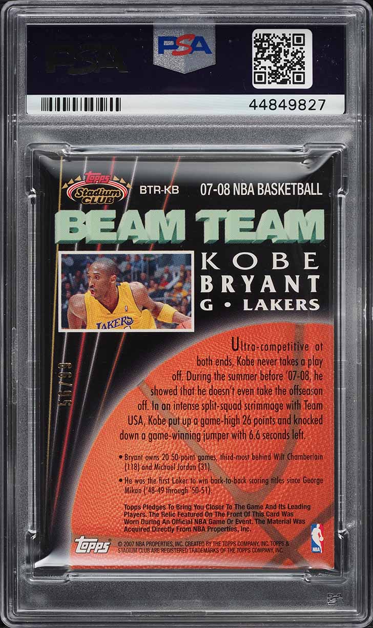 2007 Stadium Club Beam Team Gold Kobe Bryant PATCH /99 #BTR-KB PSA 9 MINT
