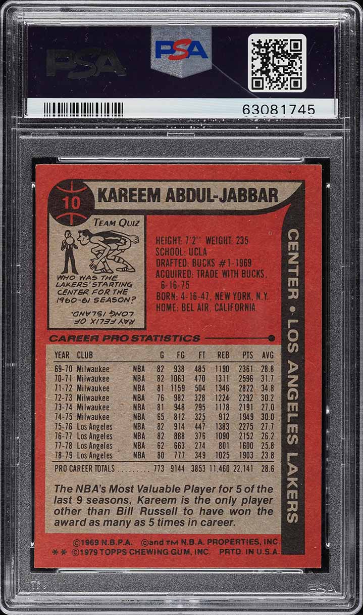 1979 Topps Basketball Kareem Abdul-Jabbar ALL-STAR #10 PSA 8 NM-MT