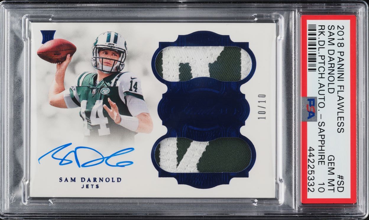 2018 Panini Flawless Dual Sapphire Sam Darnold ROOKIE PATCH AUTO 10/10 PSA 10