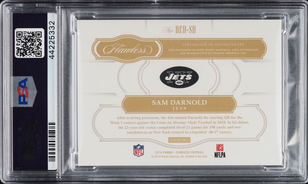 2018 Panini Flawless Dual Sapphire Sam Darnold ROOKIE PATCH AUTO 10/10 PSA 10