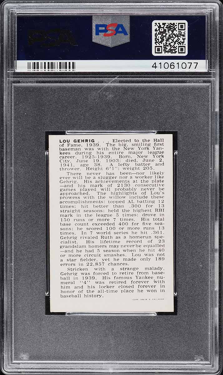 1950 Callahan Hall Of Fame Lou Gehrig PSA 6 EXMT