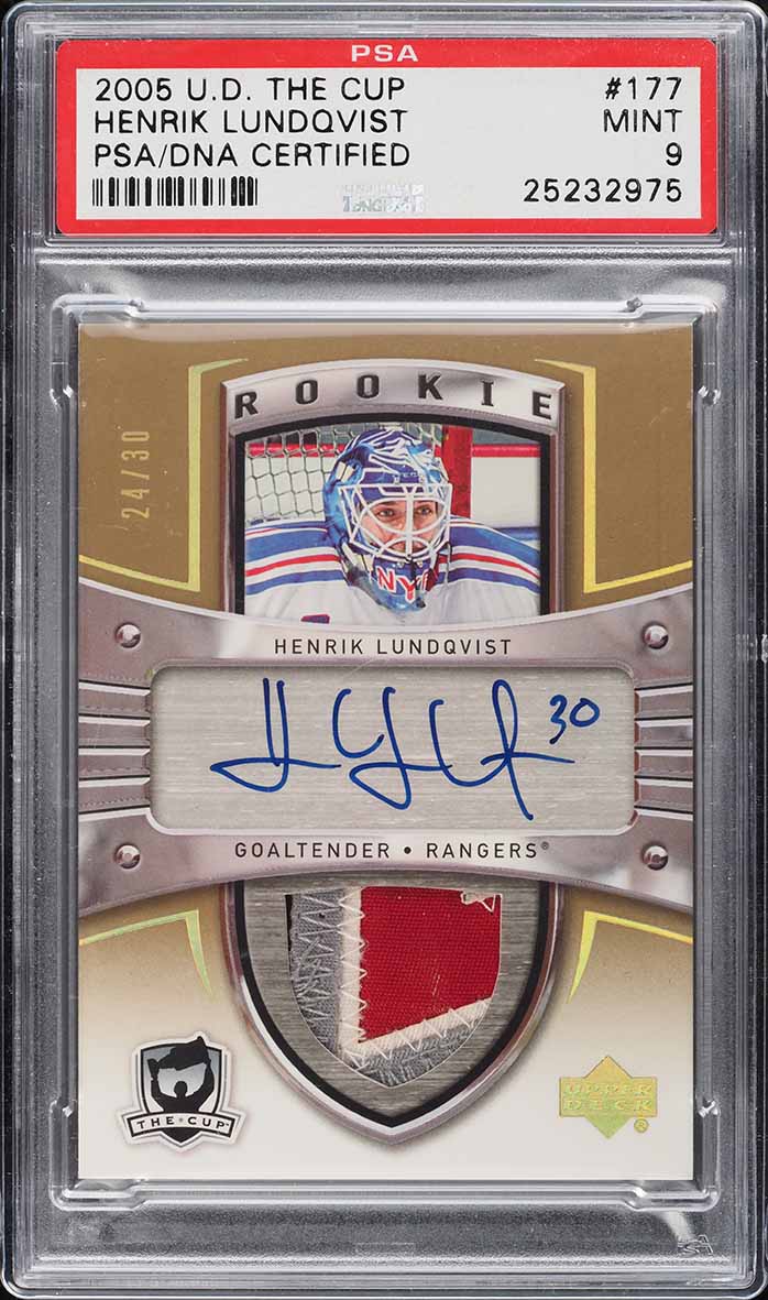 2005 UD The Cup Gold Rainbow Henrik Lundqvist ROOKIE PATCH AUTO /30 #177 PSA 9