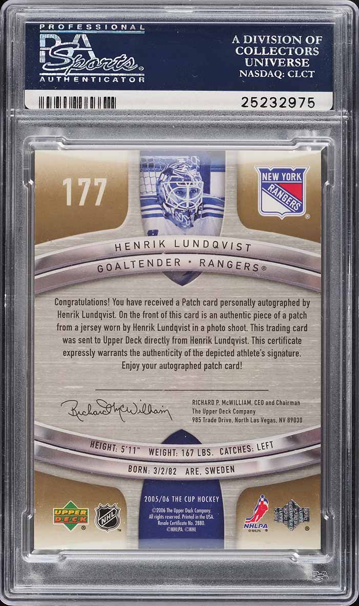 2005 UD The Cup Gold Rainbow Henrik Lundqvist ROOKIE PATCH AUTO /30 #177 PSA 9