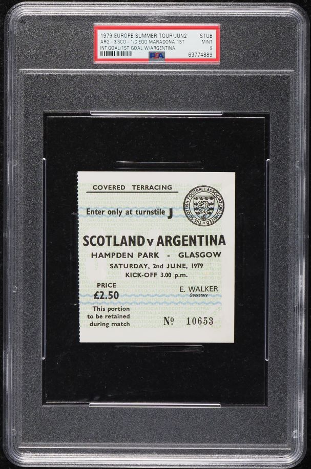 1979 Europe Summer Tour Stub Diego Maradona 1st Int Goal w/ Argentina PSA 9 MINT