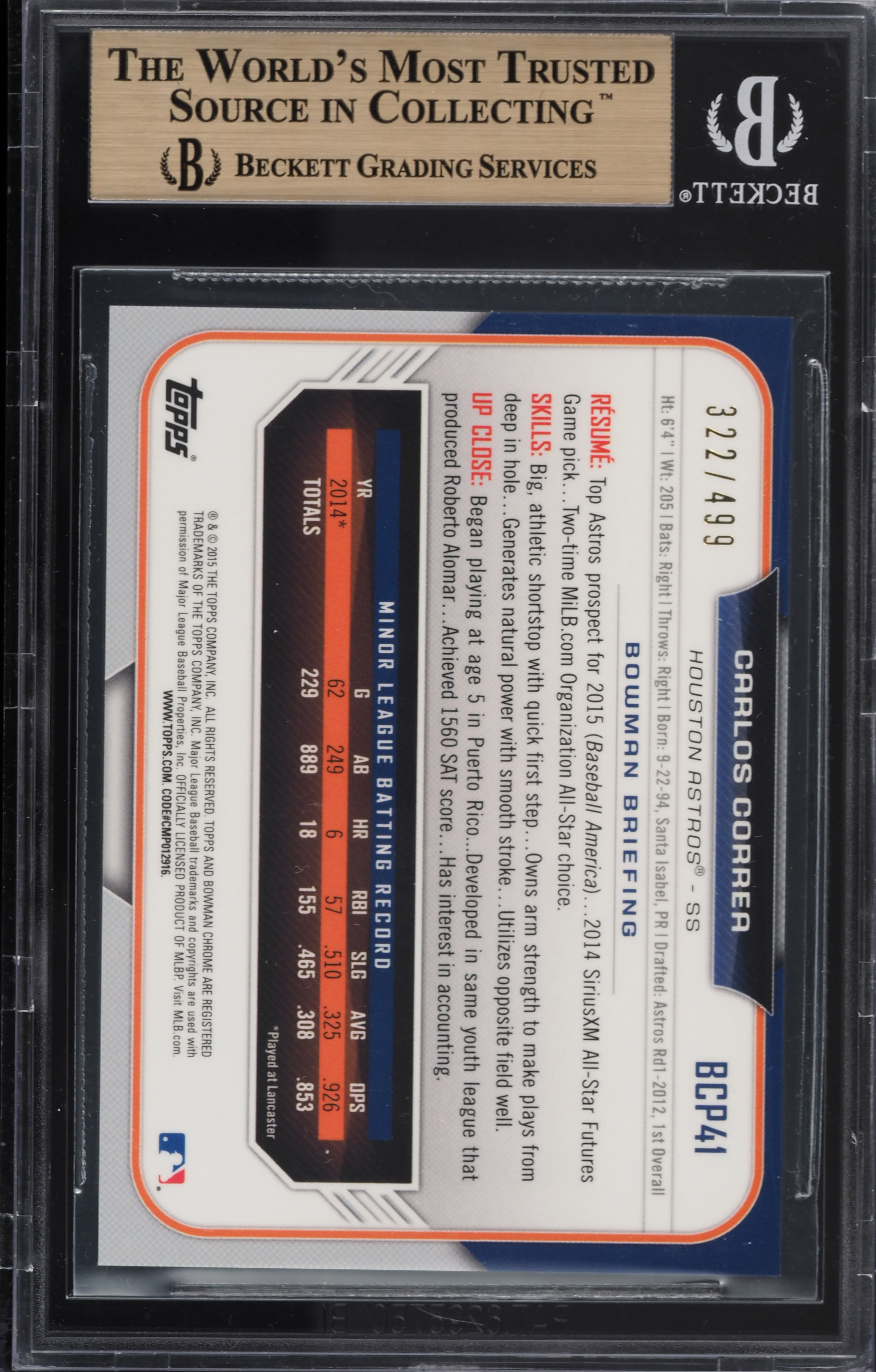 2015 Bowman Chrome Refractor Carlos Correa ROOKIE /499 #BCP41 BGS