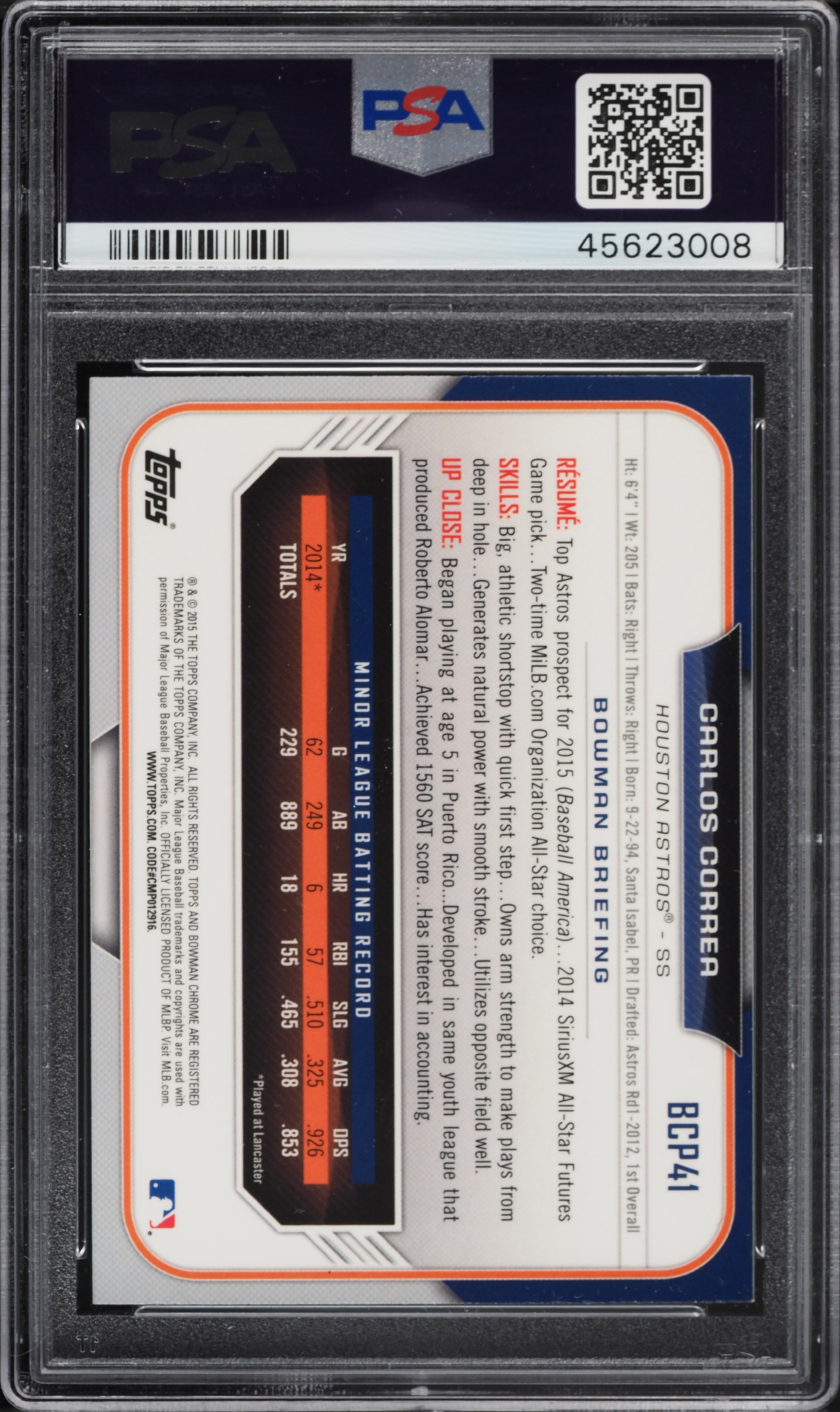 2015 Bowman Chrome Black Refractor Carlos Correa ROOKIE #BCP41 PSA