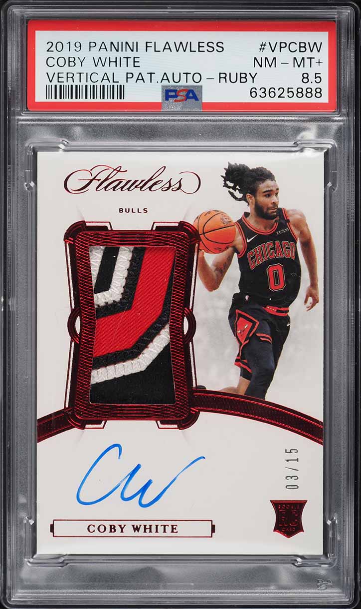 2019 Panini Flawless Vertical Ruby Coby White ROOKIE PATCH AUTO /15 PSA 8.5