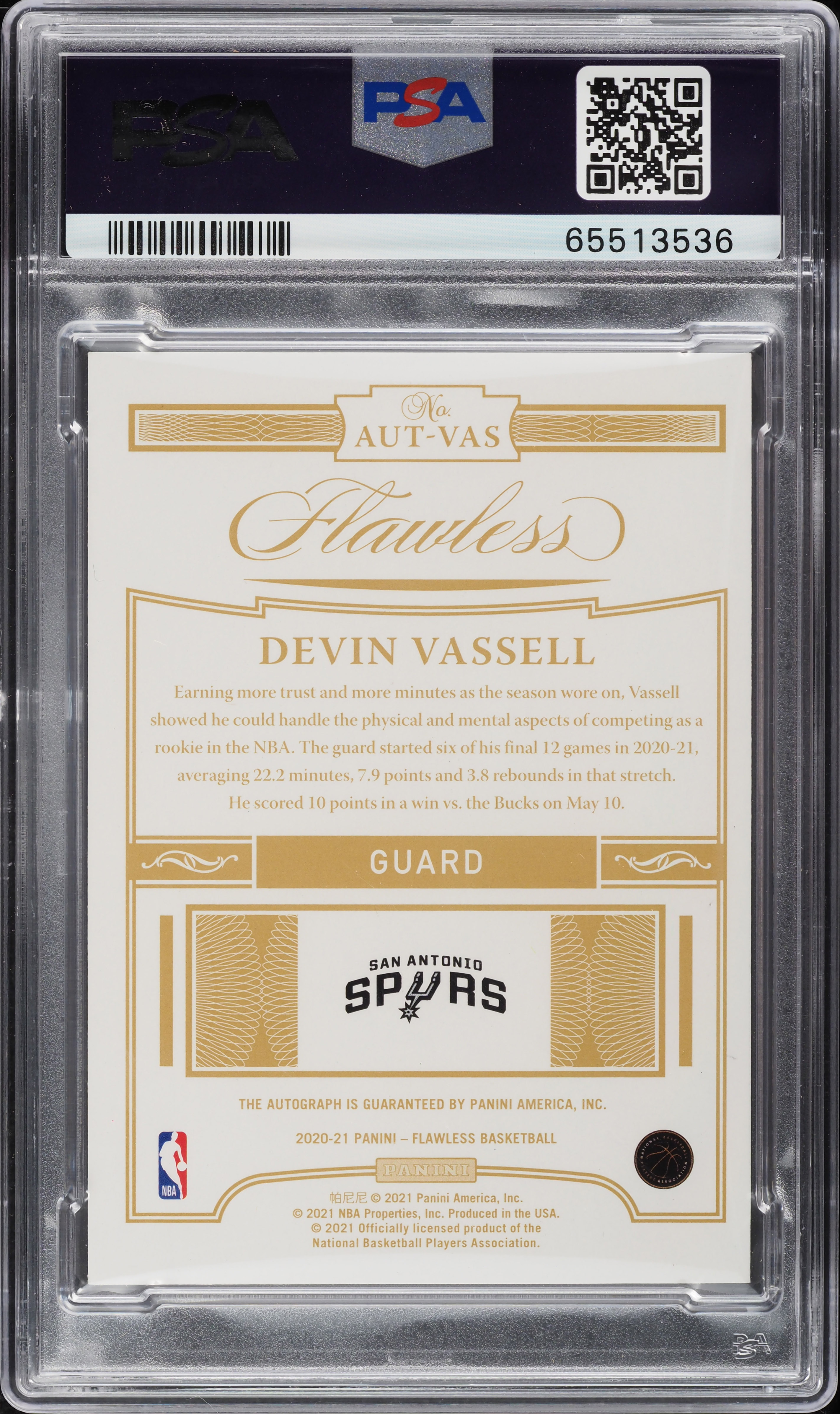 2020 Panini Flawless Devin Vassell ROOKIE AUTO /25 #AUT-VAS PSA 9