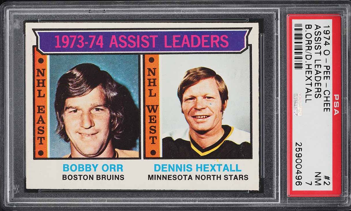 1974 O-Pee-Chee Hockey Bobby Orr Dennis Hextall ASSIST LDRS #2 PSA 7 NRMT