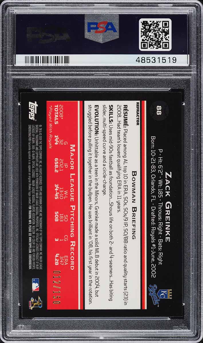 2009 Bowman Chrome Blue Refractor Zack Greinke /150 #88 PSA 9 MINT
